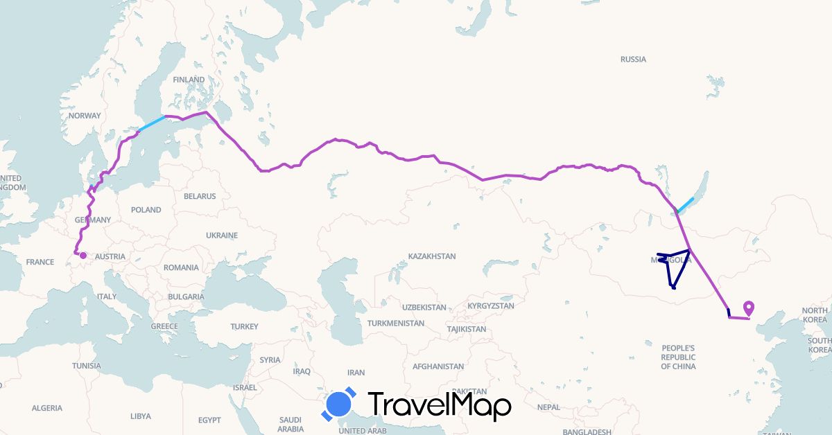 TravelMap itinerary: driving, bus, train, boat in Switzerland, China, Germany, Denmark, Finland, Mongolia, Russia, Sweden (Asia, Europe)